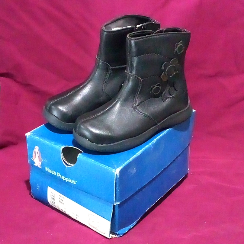 Toddler Girl's Hush Puppies Black Genuine Leather Boots w/ Floral Embellishments